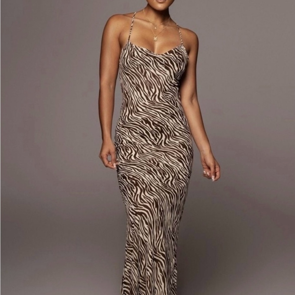 New With Tags JLUXLABEL Brown Chiffon Cowl Neck Maxi Dress Sz L